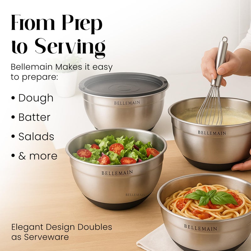 Bellemain Mixing Bowls with Lids Set - Stainless Steel Mixing Bowls with Airtight Lids - Food Storage Containers - 3PCS Set with Non-Slip Bottoms Kitchen Essentials for Baking - Serving - Image 3